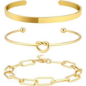 14K Real Gold-C Plated Bangle Cuff Non Tarnish Trendy Stack Bracelets for Women